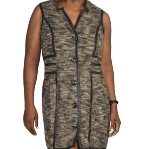 Worth Blazer Dress Brown Leather Trim Wool Mini Career Sheath Melange Size 4